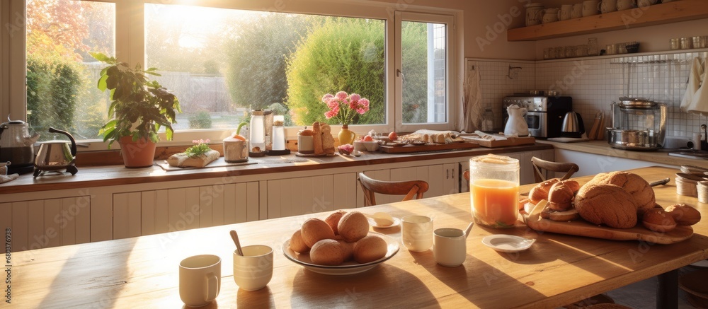 cozy kitchen of their home, the white wooden table served as the perfect backdrop for the delicious and healthy breakfast they prepared, bringing together the aromas of fresh ingredients while