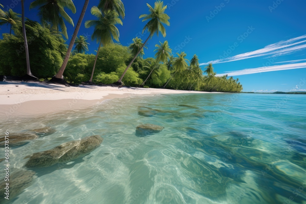 A tropical paradise with white sandy beaches, Turquoise waters and lush green palm trees swaying in the gentle breeze.