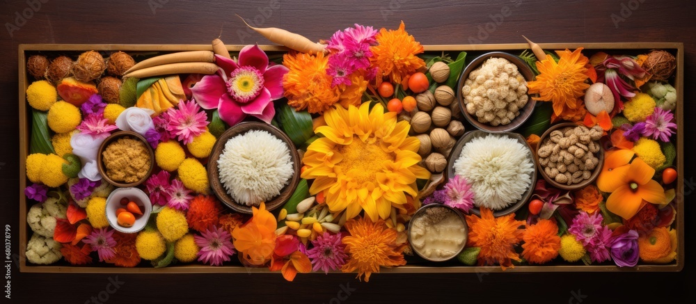 During the Diwali celebration in India, a happy Indian family arranged a colorful flower arrangement as the background for their top view photo, with traditional Indian food displayed beautifully in a