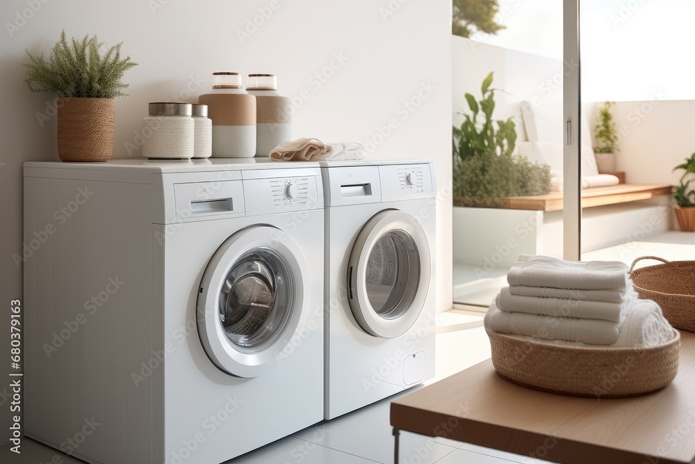 Bright and warm laundry room, White washing machine, High-end, Minimalist.