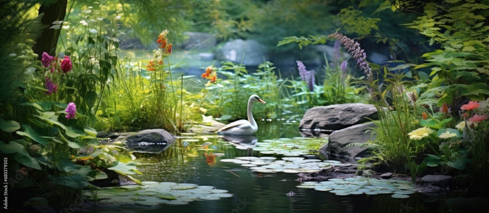 serene Quebec garden, amidst the iridescent summer hues, a predator lurks background, hunting for a small insect among the lush green leaves of a native plant, showcasing the incredible beauty of