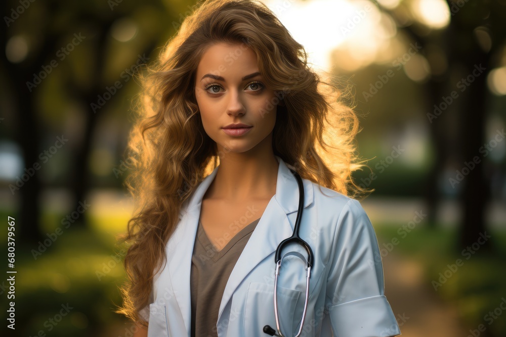 A motivated medical student practicing with a durable stethoscope in a peaceful park.