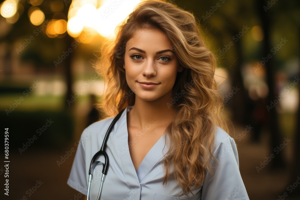 A motivated medical student practicing with a durable stethoscope in a peaceful park.