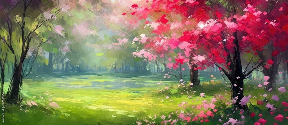 background of the lush green park, colorful flowers bloomed, painting the landscape with shades of red, pink, and vibrant floral beauty�natures spring symphony played harmoniously amidst the swaying