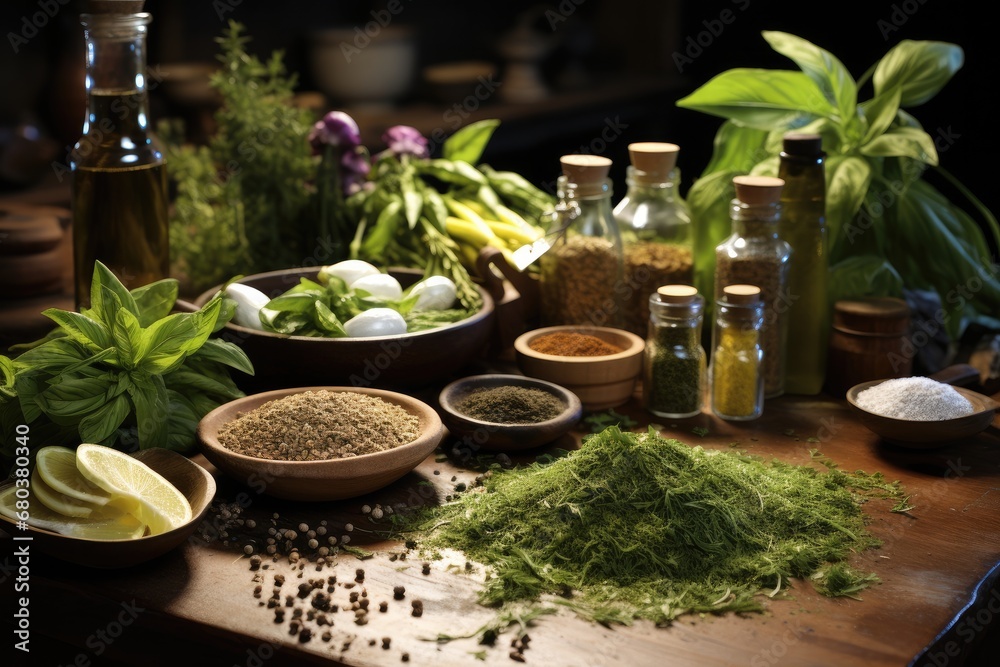 The herbs on the table in the kitchen.