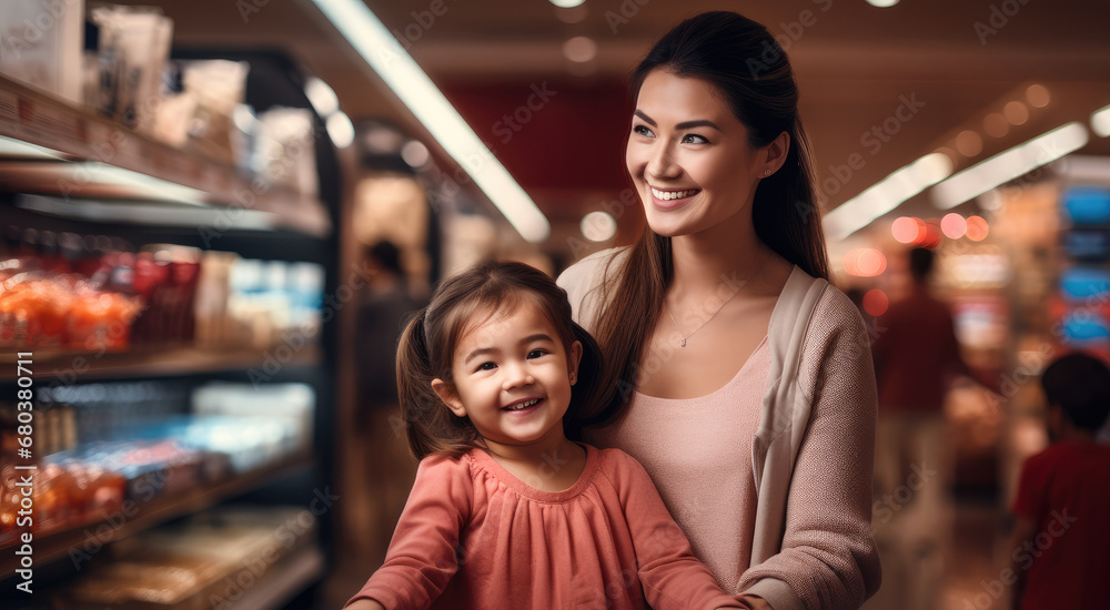 A Chinese mom pushing a shopping cart with her daughter in a modern-style beauty specialty store.