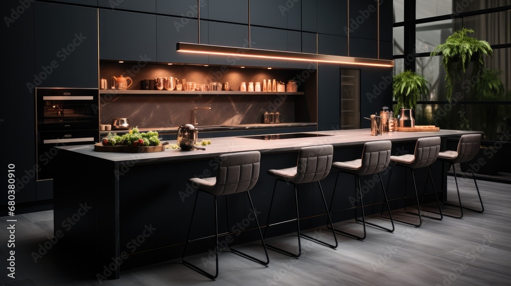 A modern black kitchen with an island and counter stools.