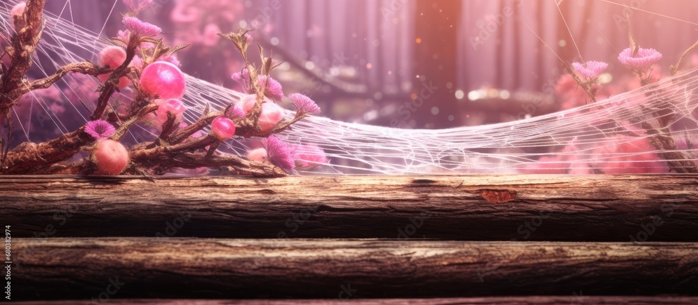 bright light of day, the pink backgrounds showcased the intricate patterns of the spider webs woven expertly against the logs, while the delicate flowers added a touch of nature to the serene