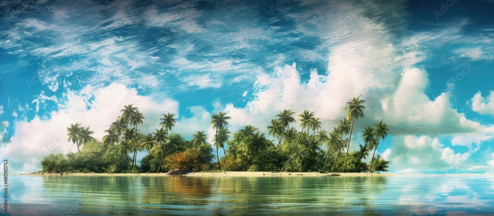 The abstract pattern of the trees leaves creates a textured and mesmerizing display against the summer sky at the beach, as the water sparkles under the warm sun, while the white clouds add a touch of