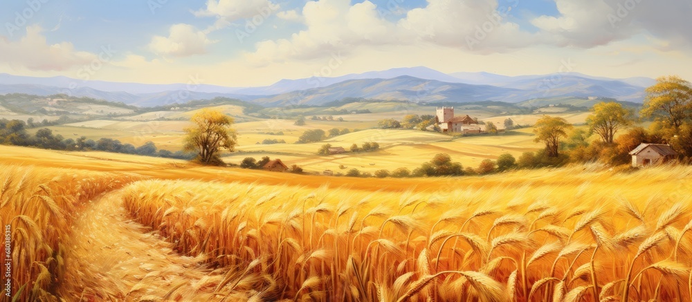 idyllic countryside, a breathtaking landscape filled with golden fields of wheat paints the background of a summer scene. The bountiful harvest promises a healthy food supply, showcasing the success