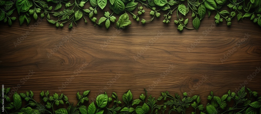 The old wood panel had a beautiful floral pattern engraved on its surface, giving it a unique texture that resembled the delicate veins of a leaf. Placed against the lush green backdrop of the forest