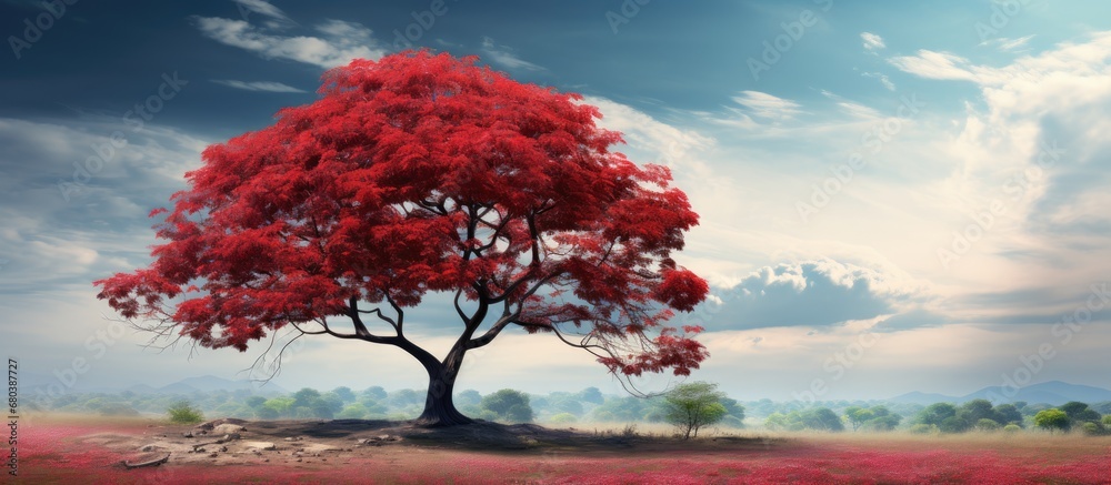 In the quiet town, amidst natures embrace, a majestic tree with vibrant leaves stood tall as delicate red floral blossoms adorned its branches, a macro view of the captivating spring days beauty.