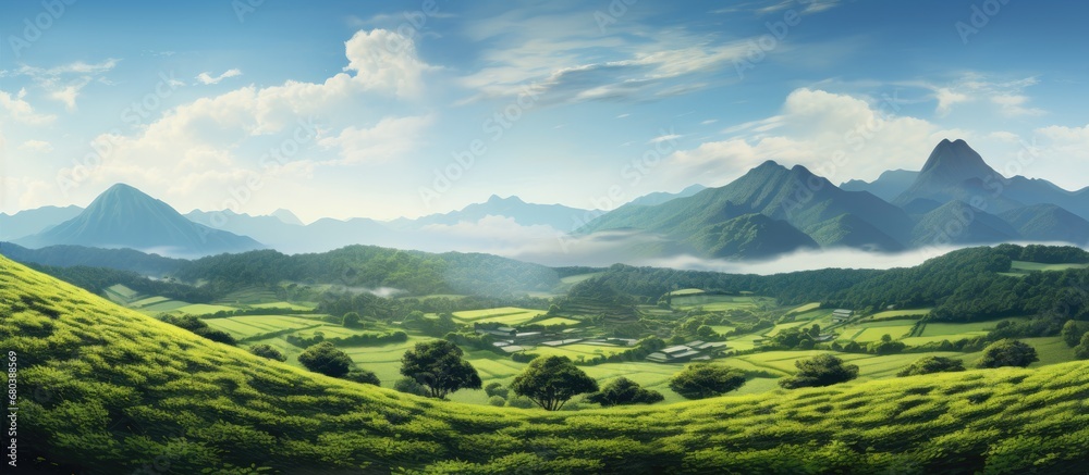 In the stunning Asian landscape, a lush green garden unfolds with magnificent mountain views, where tea leaves thrive in a beautiful farm, embracing the art of cultivation and agricultural practices