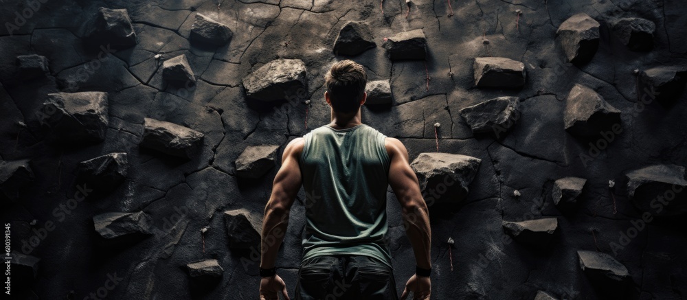 The young adult experienced an adventure mountains, his hand gripping the wall of the gym as he trained for the upcoming fitness competition, ensuring his safety during the intense exercise regimen.