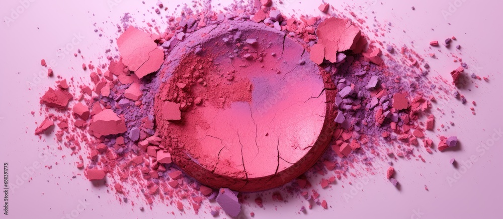 From afar, the isolated pink cosmetic compact, showcasing an array of crushed, crumbled eyeshadow, revealed a broken blush and a bright, matte facial powder upon closer inspection.