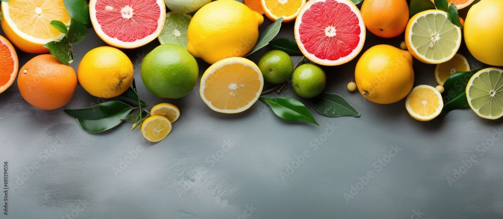 The colorful assortment of citrus fruits placed delicately on the marble table created a vibrant and refreshing top view, enhancing the green background, while showcasing the agricultural abundance of