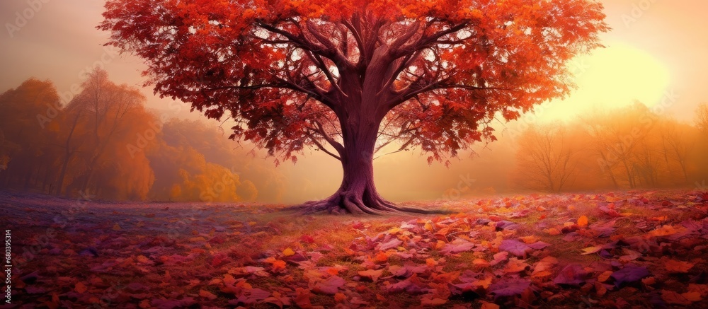 heart of the vibrant forest, amidst the colorful tapestry of autumn leaves, a magnificent tree stands tall, its textured bark kissed by the warm sun, embodying the concept of natures beauty in every