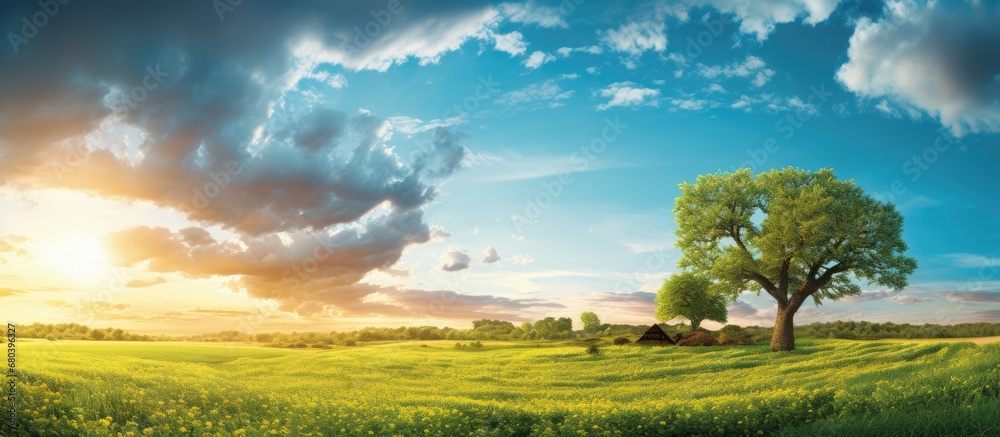 In the background of a summer landscape, a vibrant blue sky stretches overhead as the golden light of the setting sun bathes the green trees and farmland, creating a picturesque and serene scene that