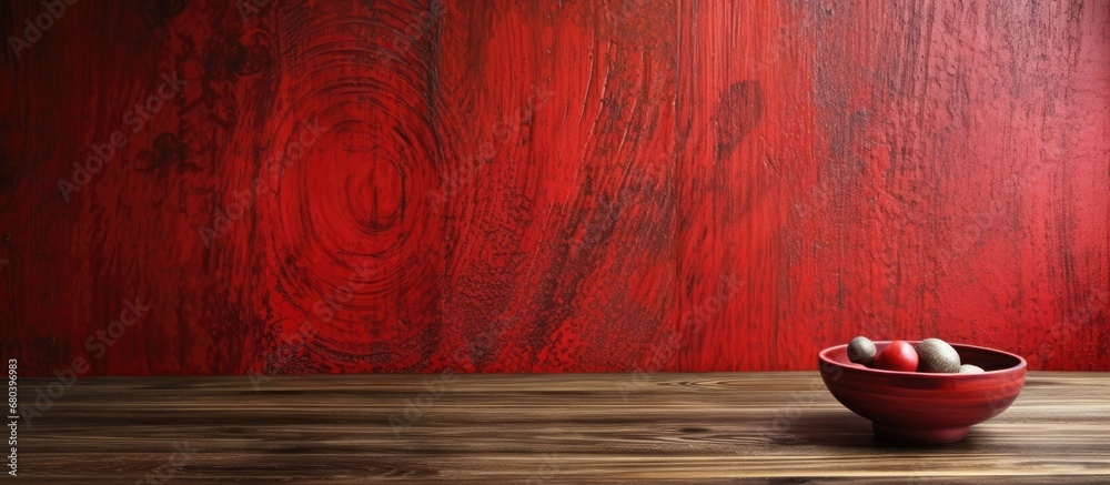 In the vintage background of the room, an old wooden table with a rich red wooden grain pattern is seen, adorned with an abstract and organic plate, showcasing a natural and textured presence.