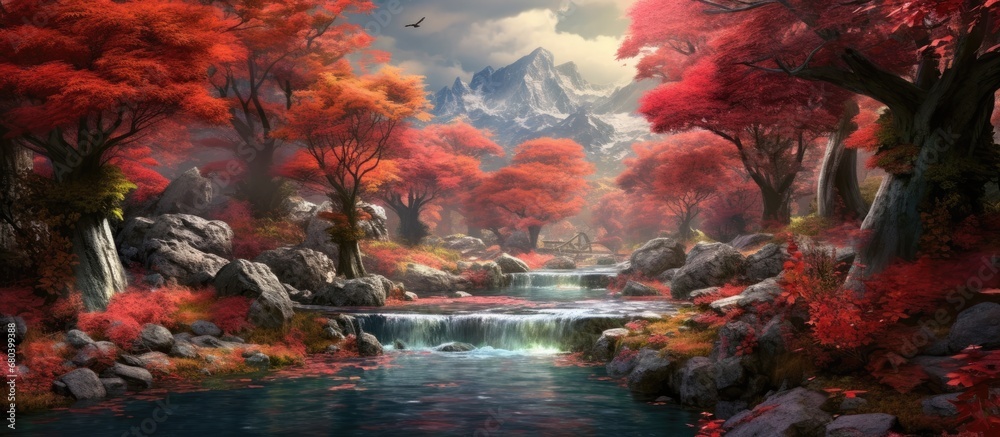 In the enchanting landscape of Japan, amidst the breathtaking beauty of autumn, the sky and mountains painted a vivid blue, while the forest adorned with fiery red leaves created a captivating