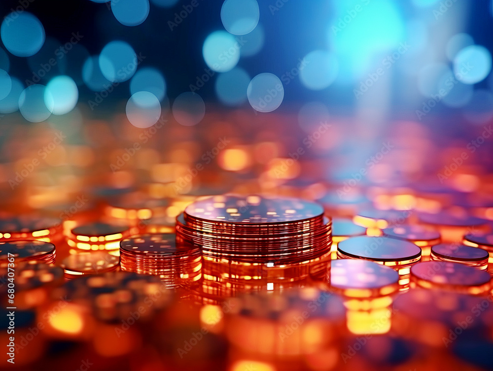 Stacked copper coins on illuminated tech background. Financial technology concept. Generative AI