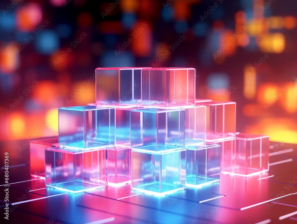 Stacked glass cubes with neon accents on tech background. Conceptual design. Generative AI