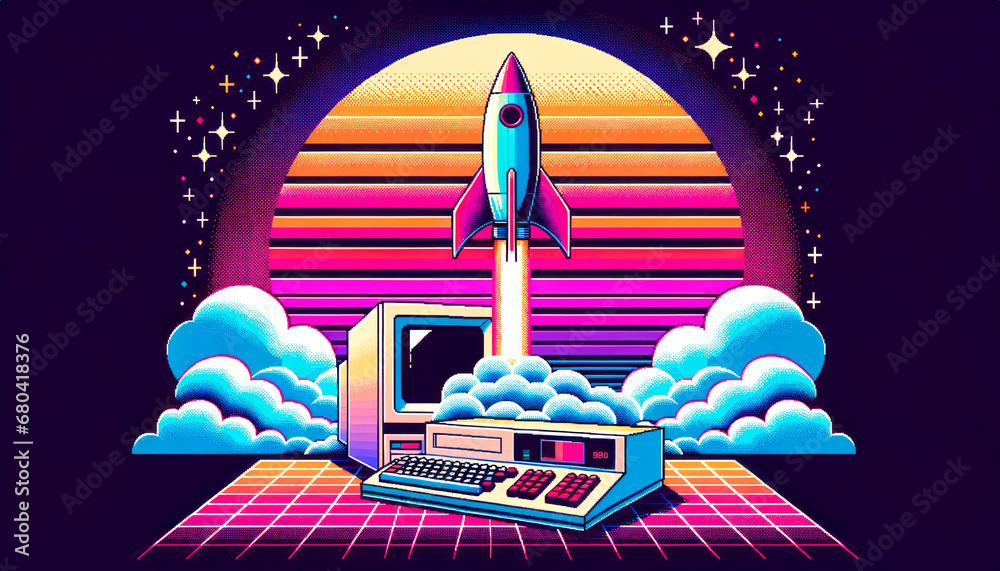 Retro-inspired digital art of a rocket launch from a vintage computer. Generative AI