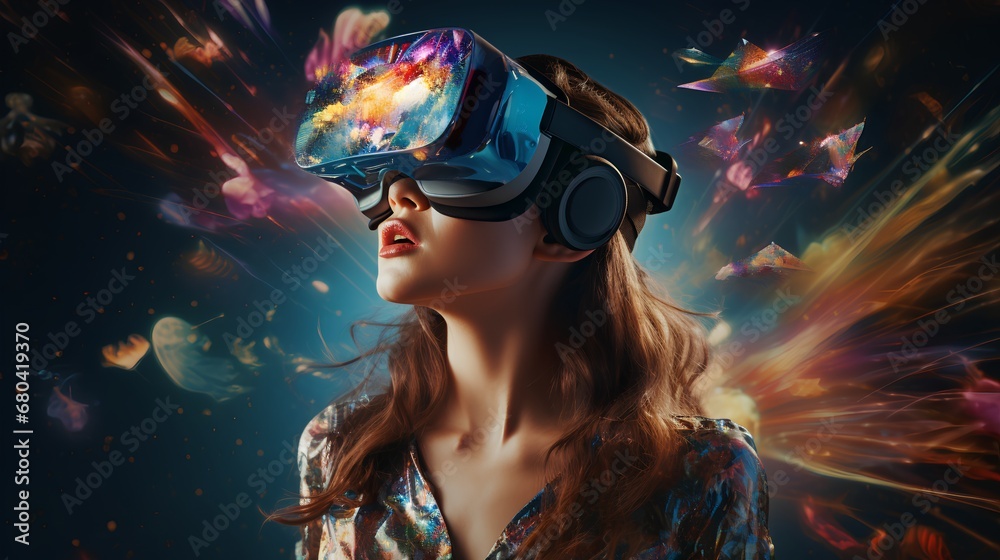 A person immersed in a futuristic learning experience using VR glasses, surrounded by interactive holograms, symbolizing cuttingedge virtual reality technology for enhanced education and study.