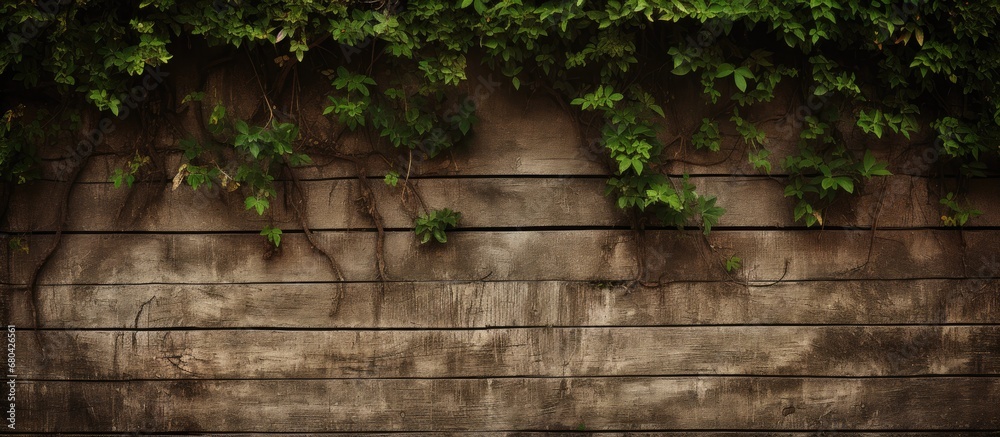 background of the old, weathered fence, a slice of tree showcases its intricate texture, revealing a captivating macro view of the woods vintage pattern withretro architecture of the wall, creating a