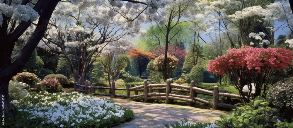 beautiful garden of Japan, amidst the lush green trees and vibrant floral displays, a white flower blossomed, adding a touch of elegance to the colorful backdrop of natures springtime beauty. The blue