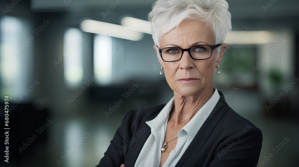 A sophisticated and contemporary senior businesswoman exudes confidence and success while working in a corporate office setting, showcasing her professional attire and experienced demeanor.