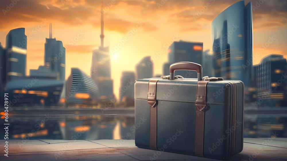 Professional business trip, with sharp focus on businessman luggage, set against a bustling backdrop, symbolizing corporate travel and urban mobility.