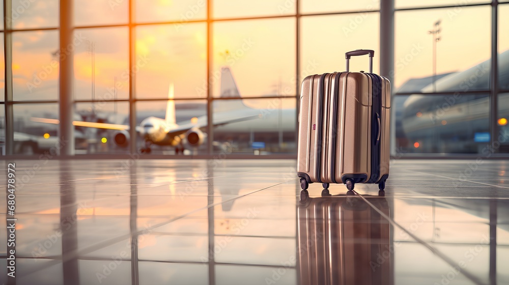 Professional business trip, with sharp focus on businessman luggage, set against a bustling backdrop, symbolizing corporate travel and urban mobility.