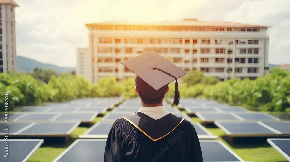 A contemporary, ecofriendly university campus featuring advanced solar panels and wind turbines, showcasing commitment to sustainable energy and reducing carbon footprint.