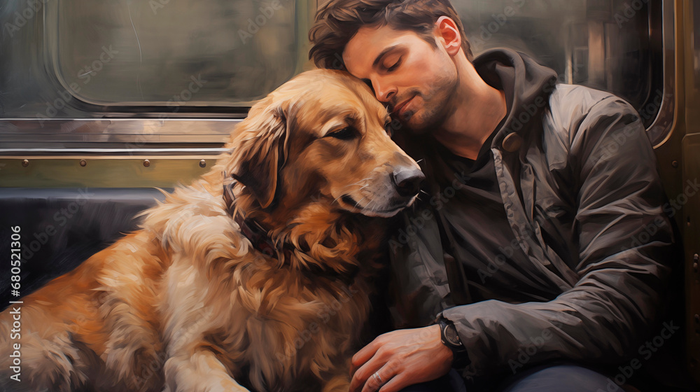 A man and his dog on a train. A sleepy man and a dog on his lap. A dog is mans friend. Travel with your pet, going for a walk or back home