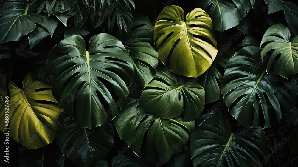 Beautiful tropical leaves wallpaper in the style of ominous vibe.