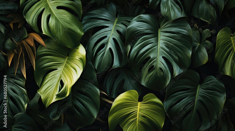 Beautiful tropical leaves wallpaper in the style of ominous vibe.