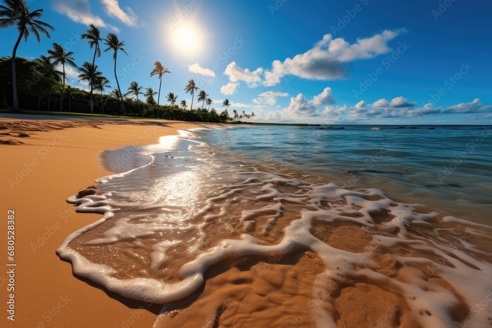 Tranquil beach with palm trees beautifully placed on the golden sands.