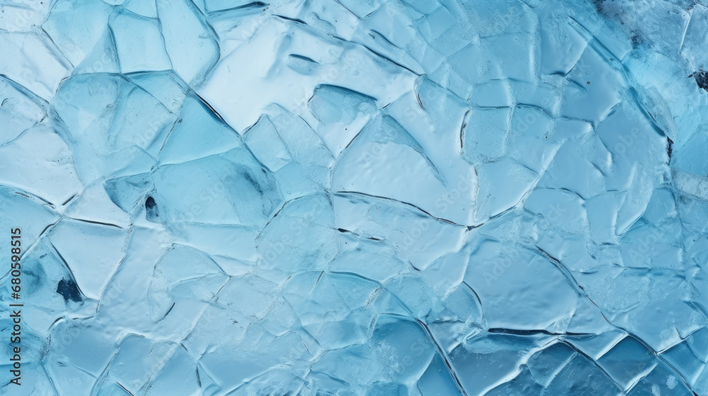 Beautiful winter natural blue ice texture of surface of frozen. Nature abstract pattern of white cracks. Winter seasonal background, mock up, flat lay, ice texture background