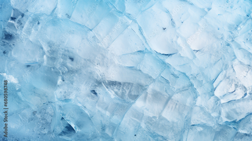 Beautiful winter natural blue ice texture of surface of frozen. Nature abstract pattern of white cracks. Winter seasonal background, mock up, flat lay, ice texture background