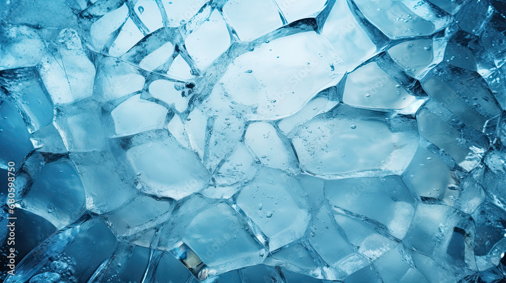 Beautiful winter natural blue ice texture of surface of frozen. Nature abstract pattern of white cracks. Winter seasonal background, mock up, flat lay, ice texture background