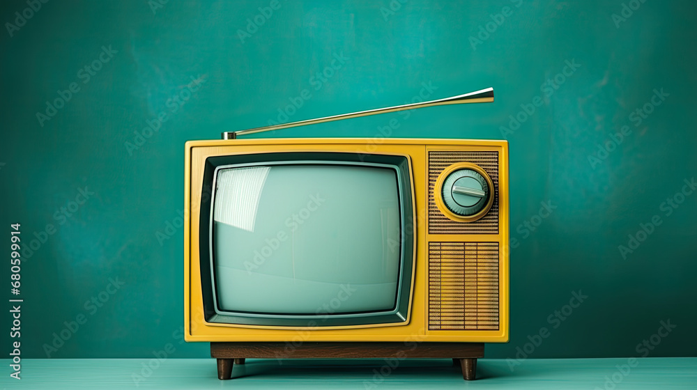 retro tv set on green background. A Retro old yellow TV front on turquoise wall copy space background