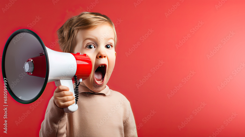 little child shouting through megaphone, child with megaphone, A child speaks into a loudspeaker isolated on red background.