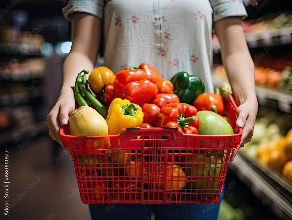 vegetables in a supermarket, basket with vegetables, Close up of Womans hand holds a grocery vegetables basket on market background