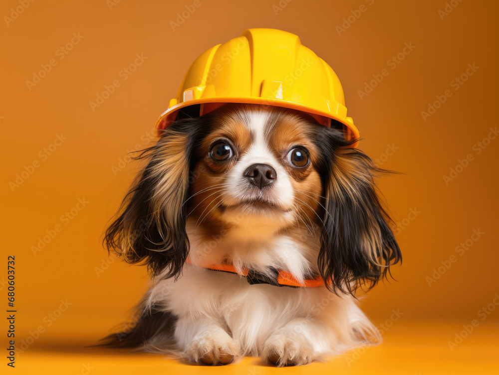 dog wearing a helmet, cute Dog wearing construction helmet on yellow background.