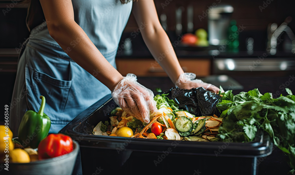 Housewife tosses biowaste in the trash.Uneaten spoiled vegetables are thrown in the trash. Food Loss and Food Waste. Reducing Wasted Food At Home