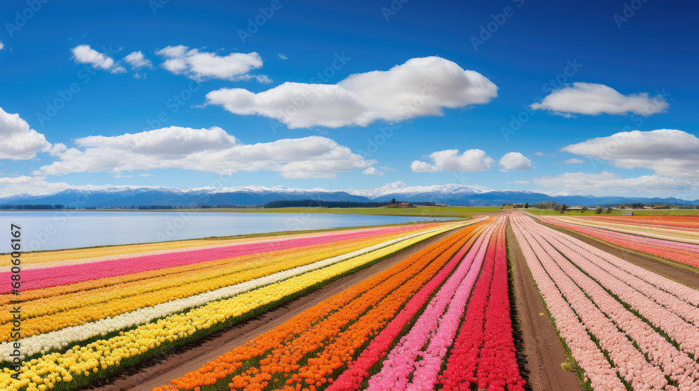 field of tulips on  blue sky background