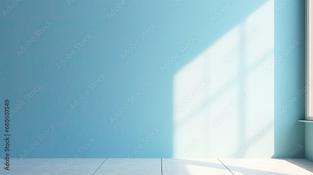 Abstract minimal empty blue and white 3d room background. Blue Modern Studio showcase with copy space. Mock up scene with natural window shadows, dappled light overlay effect. blue empty room