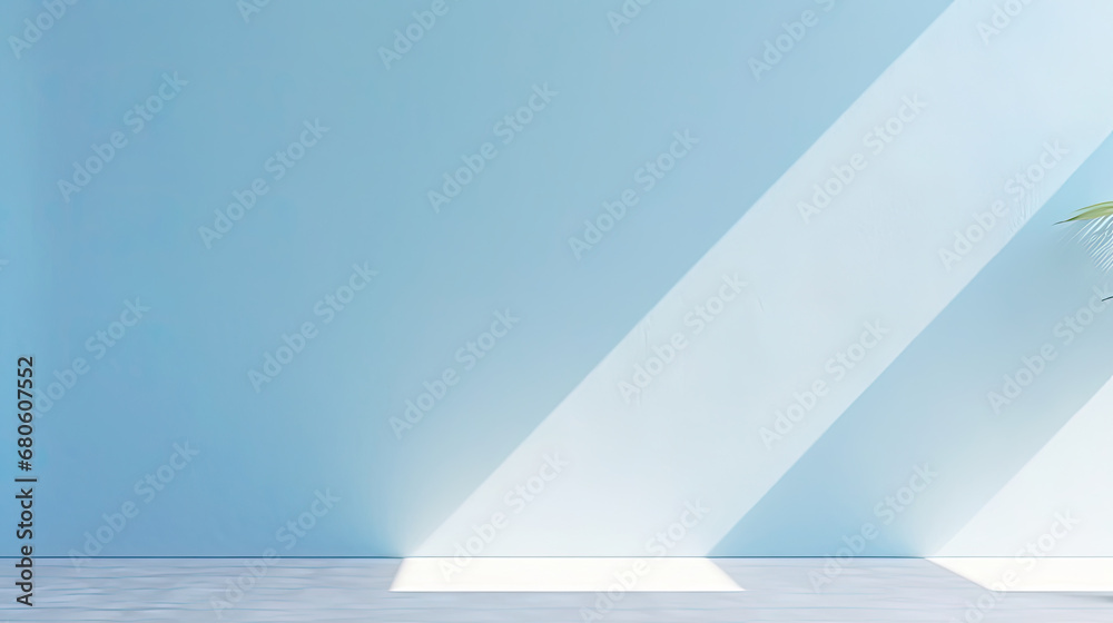 Abstract minimal empty blue and white 3d room background. Blue Modern Studio showcase with copy space. Mock up scene with natural window shadows, dappled light overlay effect. blue empty room