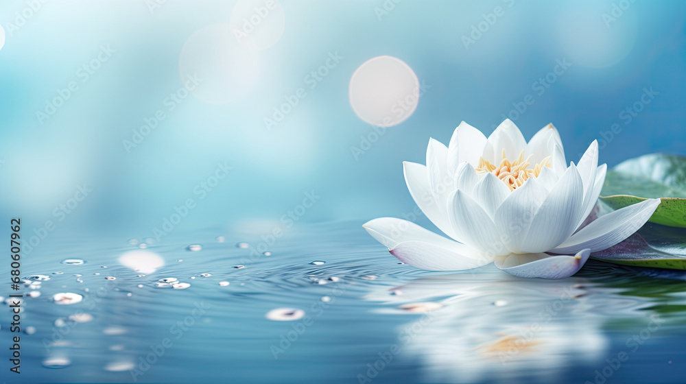 white lotus flower on the water, Zen lotus flower in water illuminated by daylight on white blur copy space background